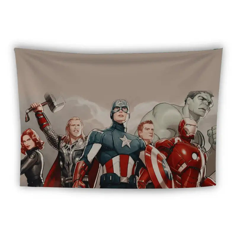 Illustration of Marvel Avengers heroes standing confidently. From left to right: Black Widow, Thor wielding his hammer, Captain America with his shield, Iron Man in armor, and the Hulk in a powerful pose. Neutral background.