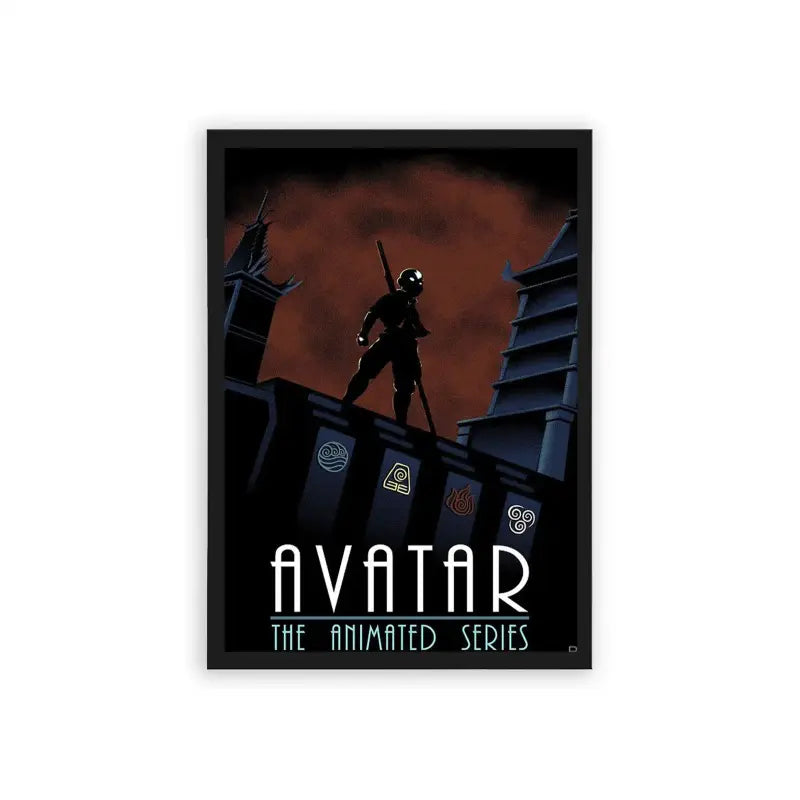 Avatar The Last Airbender 'Rooftop Silhouette' Framed Poster Black Hard Fiber A framed poster of a silhouette of a mysterious character poised atop a rooftop against a dusk sky, emblazoned with the title 'Avatar: The Animated Series'.