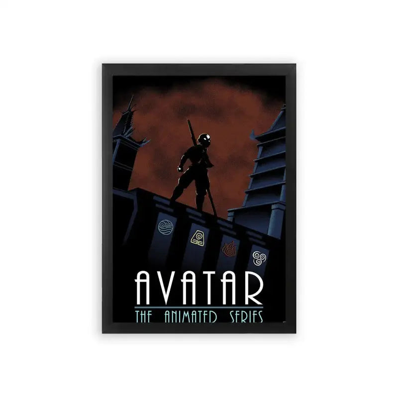 Avatar The Last Airbender 'Rooftop Silhouette' Framed Poster Black Premium Wood A framed poster of a silhouette of a mysterious character poised atop a rooftop against a dusk sky, emblazoned with the title 'Avatar: The Animated Series'.