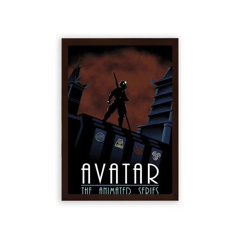 Avatar The Last Airbender 'Rooftop Silhouette' Framed Poster Brown Premium Wood A framed poster of a silhouette of a mysterious character poised atop a rooftop against a dusk sky, emblazoned with the title 'Avatar: The Animated Series'.