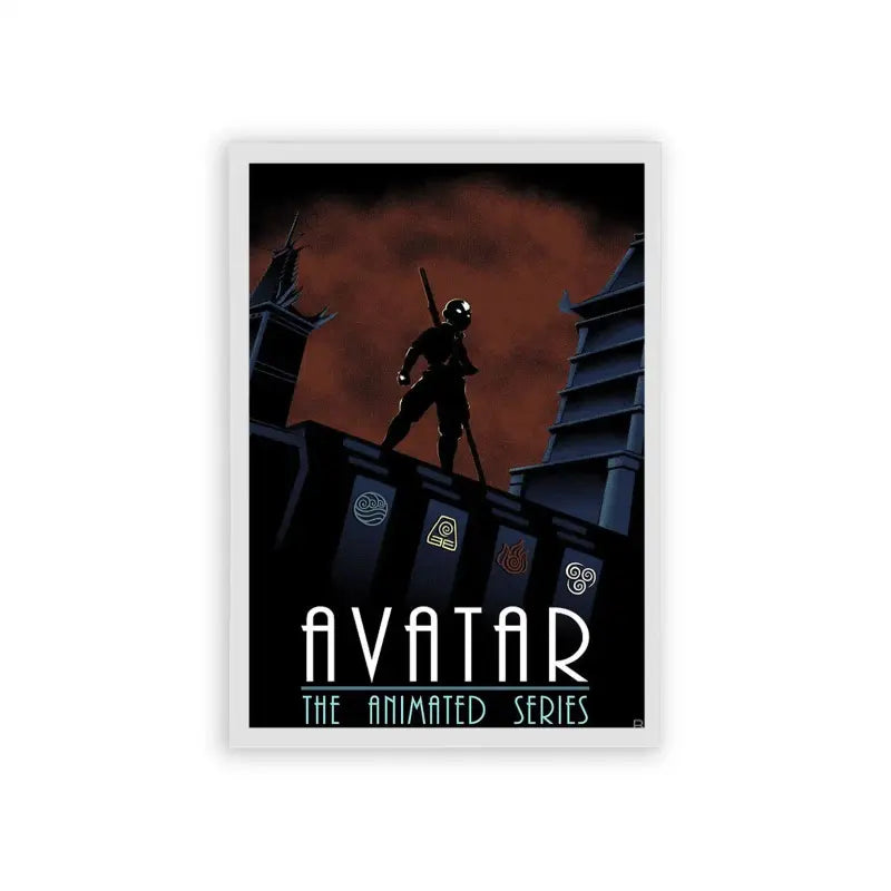 Avatar The Last Airbender 'Rooftop Silhouette' Framed Poster White Hard Fiber A framed poster of a silhouette of a mysterious character poised atop a rooftop against a dusk sky, emblazoned with the title 'Avatar: The Animated Series'.