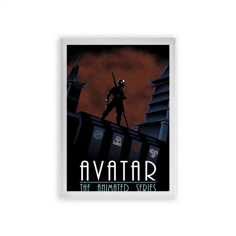 Avatar The Last Airbender 'Rooftop Silhouette' Framed Poster White Premium Wood A framed poster of a silhouette of a mysterious character poised atop a rooftop against a dusk sky, emblazoned with the title 'Avatar: The Animated Series'.