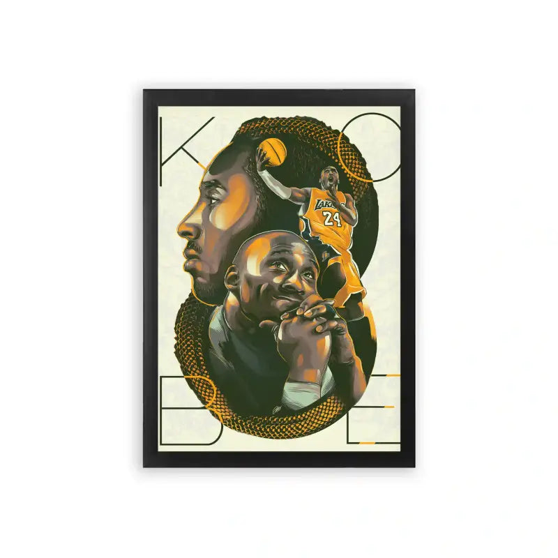 Basketball 'Tribute to a Legend' Framed Poster Black Premium Wood A framed artistic tribute poster featuring a series of stylized portraits layered together, celebrating a legendary basketball player's impact on the sport, characterized by bold colors and evocative imagery.