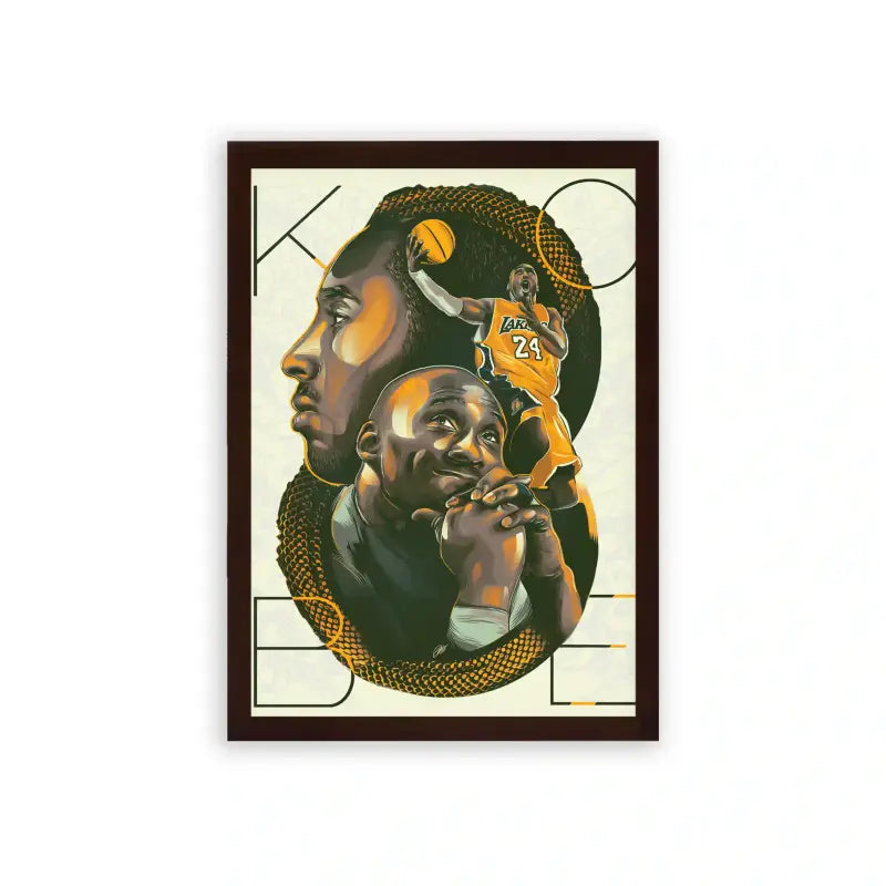 Basketball 'Tribute to a Legend' Framed Poster Brown Premium Wood A framed artistic tribute poster featuring a series of stylized portraits layered together, celebrating a legendary basketball player's impact on the sport, characterized by bold colors and evocative imagery.