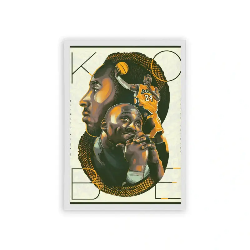 Basketball 'Tribute to a Legend' Framed Poster White Hard Fiber A framed artistic tribute poster featuring a series of stylized portraits layered together, celebrating a legendary basketball player's impact on the sport, characterized by bold colors and evocative imagery.