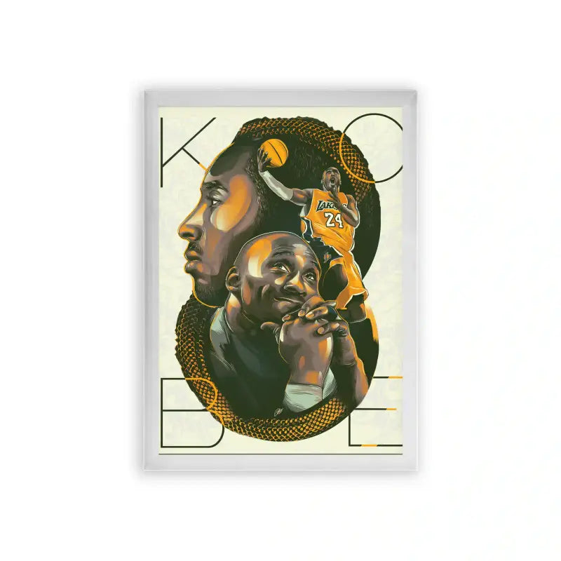 Basketball 'Tribute to a Legend' Framed Poster White Premium Wood A framed artistic tribute poster featuring a series of stylized portraits layered together, celebrating a legendary basketball player's impact on the sport, characterized by bold colors and evocative imagery.