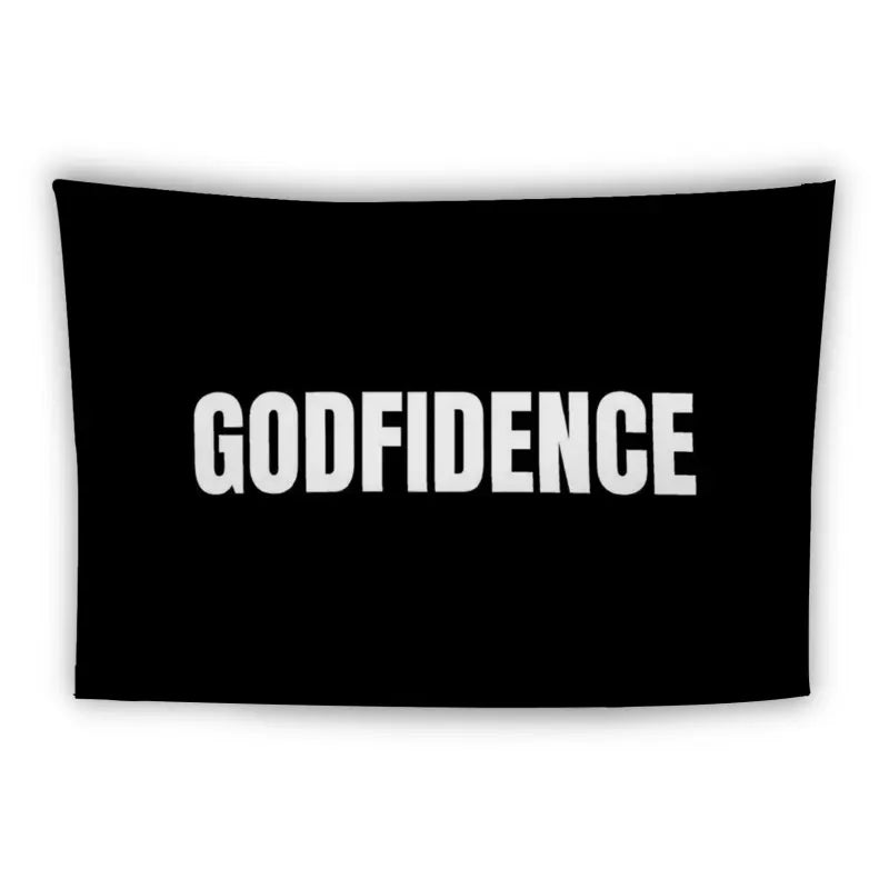 A black tapestry with the word "GODFIDENCE" written in bold, white uppercase letters centered in the middle. The background is solid black, and the text is in a clear, sans-serif font.