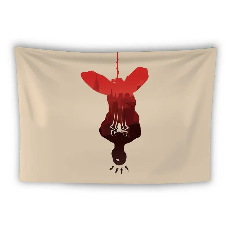 A tapestry showcases a stylized depiction of Spider-Man hanging upside down, suspended by his web. The design features a red silhouette of Spider-Man against a beige background, with cityscape elements subtly integrated into the upper part of the figure.