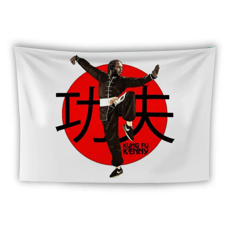 A person strikes a martial arts pose in front of a red circle on a white background. They wear a black kung fu uniform and black sneakers with white soles. The words "Kung Fu Kenny" are written in red and black below them along with Asian characters.