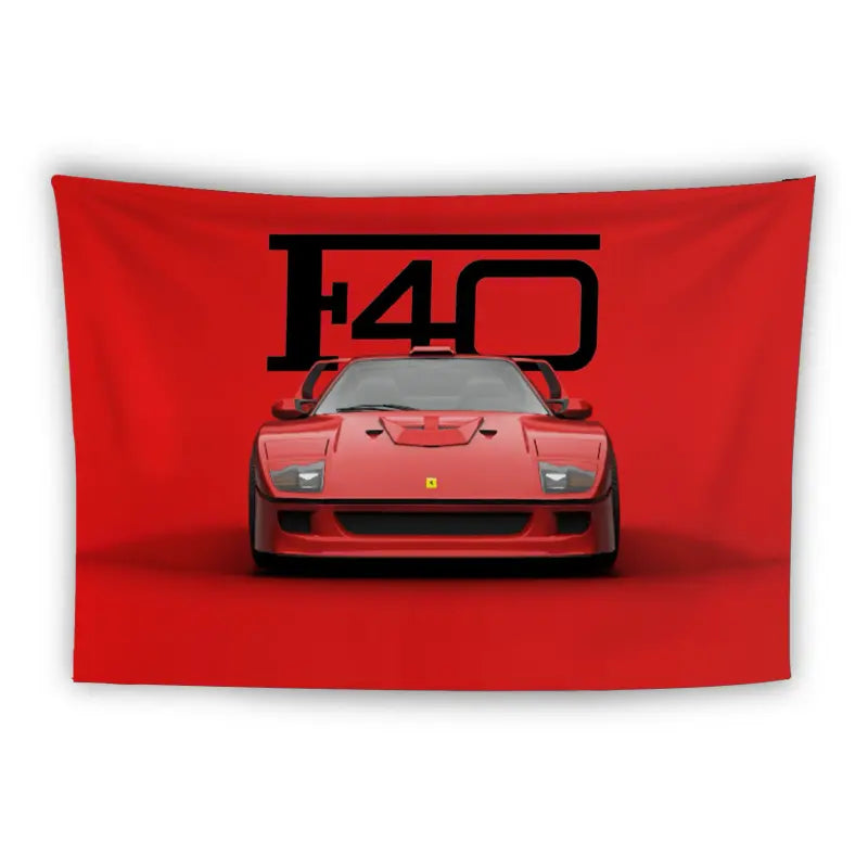 A red tapestry featuring the front view of a red Ferrari F40 sports car with the text "F40" in bold black letters above it. The background is entirely red, matching the car's color. The car is centered and positioned towards the viewer.