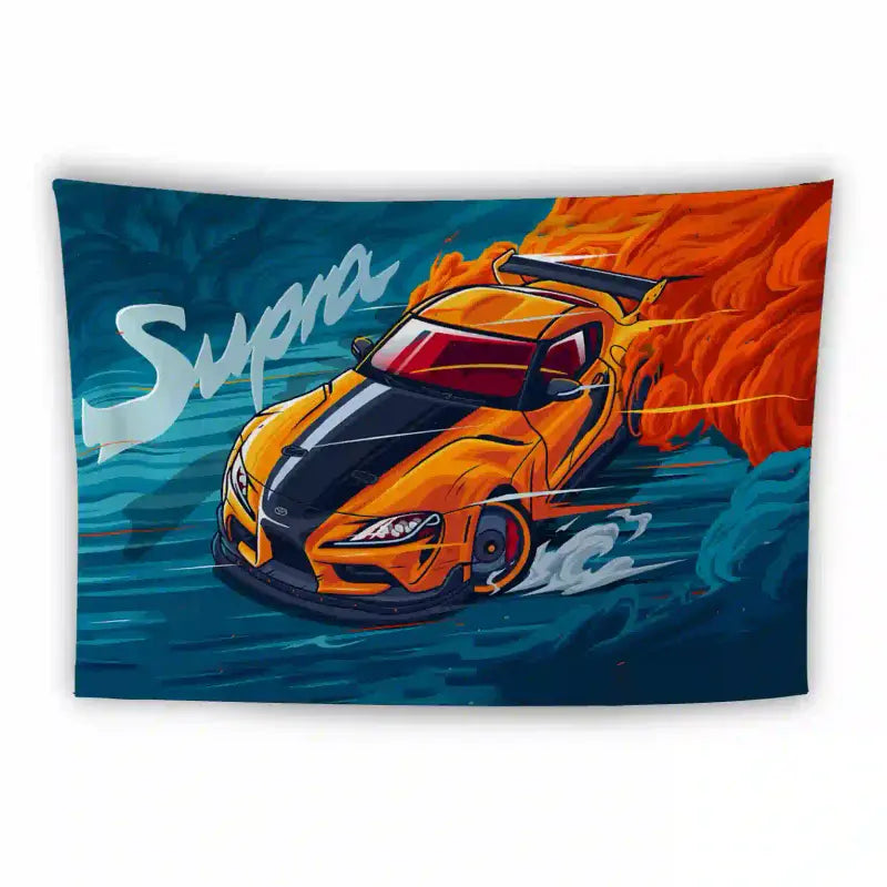 A colorful illustration features an orange Toyota Supra in dynamic motion, drifting with smoke trailing behind the car. The car is depicted with a bold, stylized design, and the word "Supra" is written in sweeping script in the background. The overall theme is energetic and vibrant.