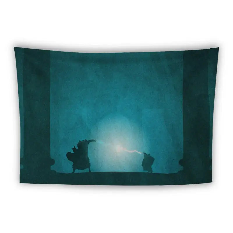 A wall tapestry features a dark, silhouetted scene of two figures facing each other. One figure emits a magical or ethereal beam of light towards the other, all set against a dim, blue-green background with two shadowy pillars on either side.