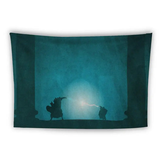 A wall tapestry features a dark, silhouetted scene of two figures facing each other. One figure emits a magical or ethereal beam of light towards the other, all set against a dim, blue-green background with two shadowy pillars on either side.