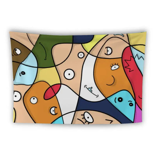 A colorful abstract illustration on a tapestry features a collage of various faces with different expressions. The faces are outlined in black and filled with vivid colors like blue, orange, yellow, and red, creating a dynamic and lively composition.