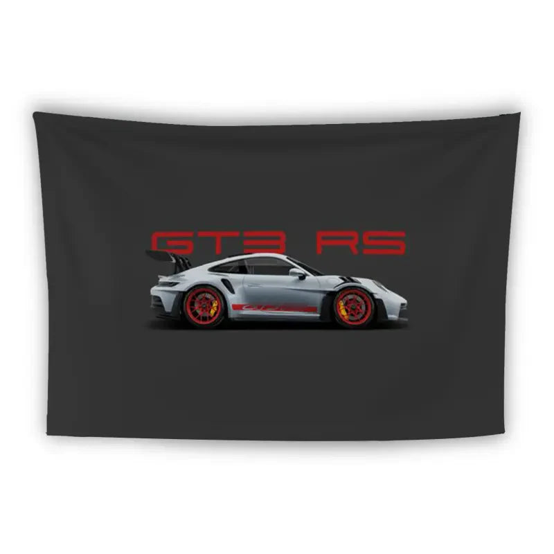 A black background features a side profile of a silver Porsche GT3 RS with red wheels and a rear wing. Above the car, bold red text reads "GT3 RS.