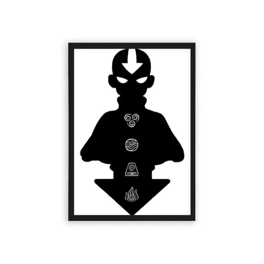 Avatar The Last Airbender 'Elemental' Framed Poster Black Hard Fiber Minimalist avatar silhouette featuring the four elements: air, water, earth, and fire in a series of frames.