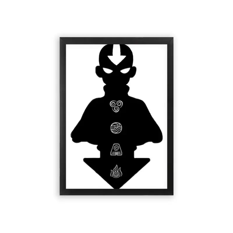 Avatar The Last Airbender 'Elemental' Framed Poster Black Premium Wood Minimalist avatar silhouette featuring the four elements: air, water, earth, and fire in a series of frames.