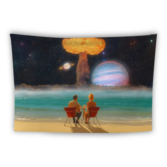 An artistic depiction features a couple sitting on red chairs at a beach, facing a cosmic landscape. Above the ocean, a giant mushroom cloud, a ringed planet, and Jupiter-like planet dominate the sky, blending a serene scene with apocalyptic and surreal elements.