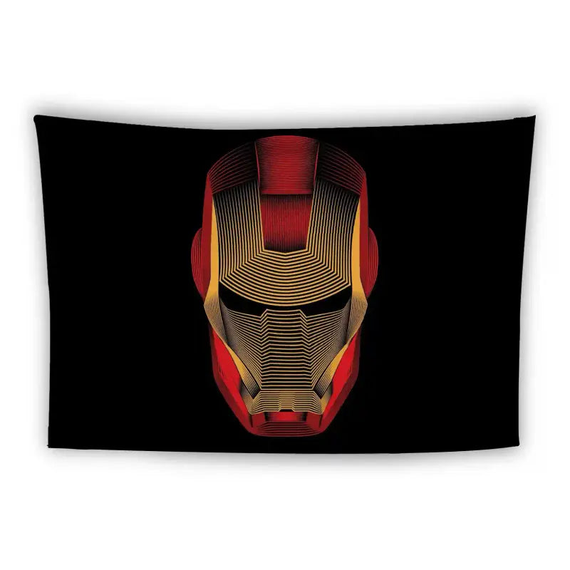 Minimalist artwork of a robotic superhero helmet, featuring red, gold, and black lines on a black background. The helmet design is sleek and futuristic, emphasizing geometric shapes and intricate line patterns.