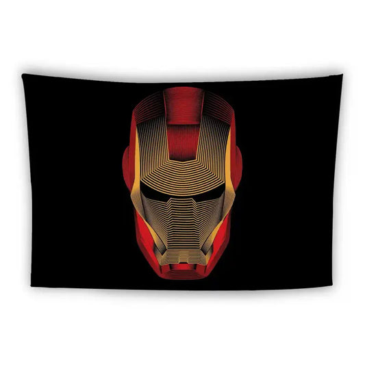 Minimalist artwork of a robotic superhero helmet, featuring red, gold, and black lines on a black background. The helmet design is sleek and futuristic, emphasizing geometric shapes and intricate line patterns.