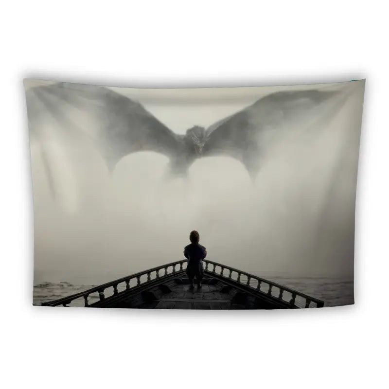 A person stands at the prow of a ship, silhouetted against the fog. A large dragon with outstretched wings looms in the misty sky ahead, creating a dramatic and suspenseful scene.