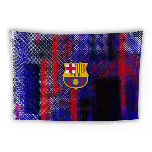 An abstract digital art piece featuring a mix of red, blue and black colors with the FC Barcelona logo prominently displayed in the center. The design has a pixelated and textured pattern throughout the background.