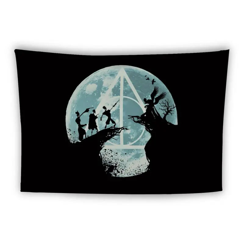 Silhouette of four figures standing on cliff edges with a large blue moon in the background. The figures hold wands and the Deathly Hallows symbol is superimposed over the moon, surrounded by trees and birds. The scene is set against a black backdrop.