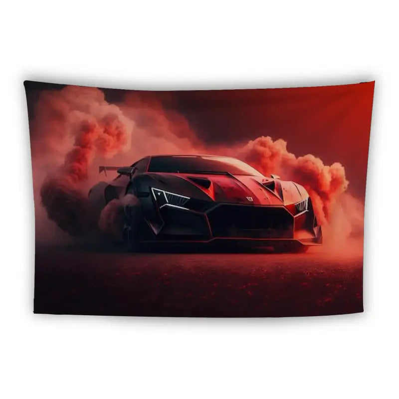 A dynamic image of a black sports car with sharp, angular features drifting dramatically on a racetrack, surrounded by billowing red smoke under moody, intense lighting. The car is depicted in motion, emphasizing speed and power.