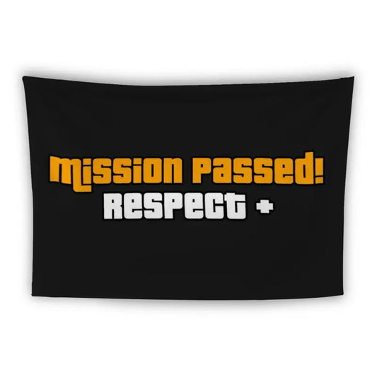 A black background with text in two colors. The upper text, in bold orange letters, reads "Mission Passed!" Below it, in bold white letters, reads "Respect +". The image resembles a popular video game completion screen.