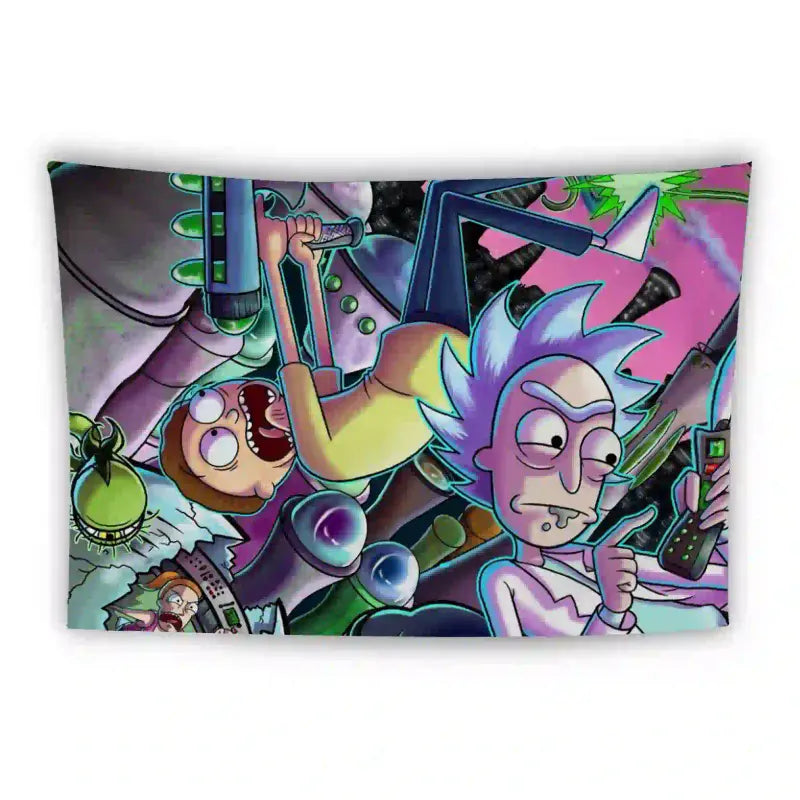 A vibrant, chaotic scene featuring animated characters Rick and Morty. Rick, an older man with spiky blue hair, holds a device as Morty, a younger boy with brown hair, screams while dangling upside down. The background is packed with colorful sci-fi elements.