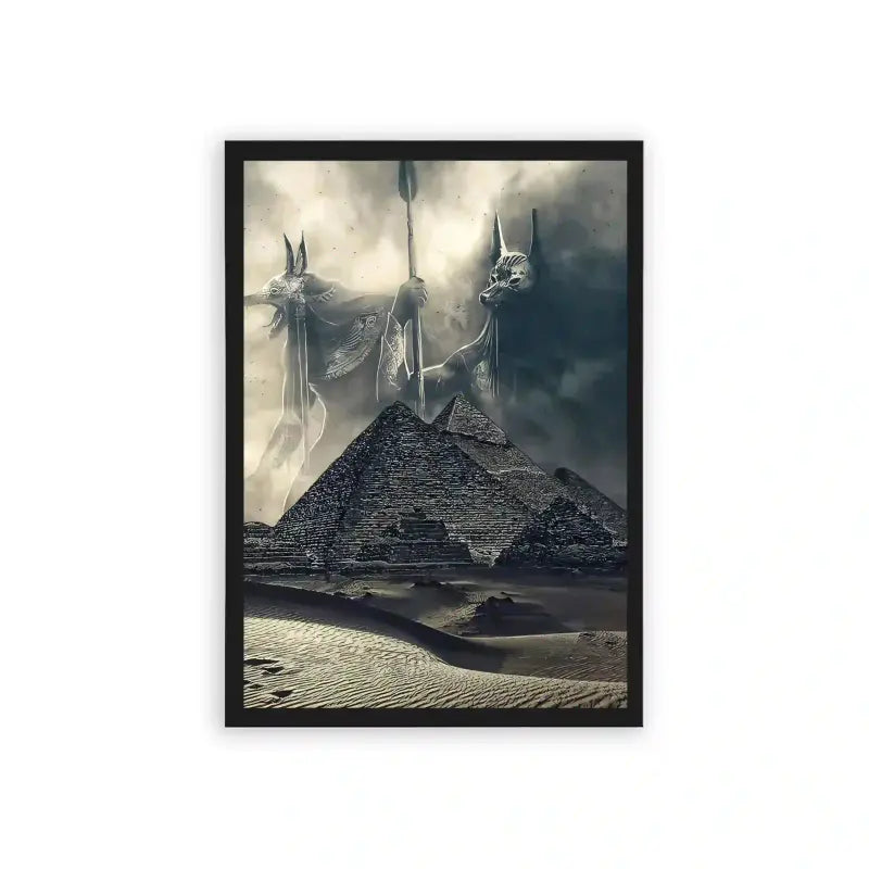 Ancient Egyptian 'Pharaonic Enigma' Framed Poster Black Hard Fiber A mystical depiction of the Great Pyramid of Giza with three ghost-like figures floating above, set against a dramatic sky.