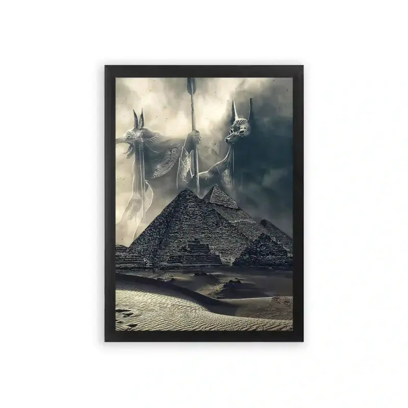 Ancient Egyptian 'Pyramid's Ghosts' Framed Poster Black Premium Wood A mystical depiction of the Great Pyramid of Giza with three ghost-like figures floating above, set against a dramatic sky.