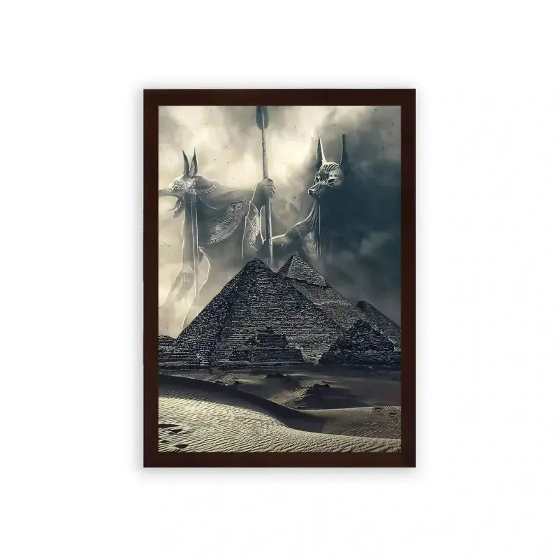 Ancient Egyptian 'Pyramid's Ghosts' Framed Poster Brown Premium Wood A mystical depiction of the Great Pyramid of Giza with three ghost-like figures floating above, set against a dramatic sky.