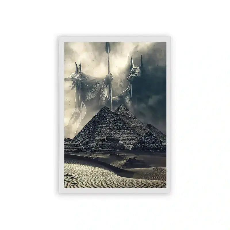 Ancient Egyptian 'Pyramid's Ghosts' Framed Poster White Hard Fiber A mystical depiction of the Great Pyramid of Giza with three ghost-like figures floating above, set against a dramatic sky.