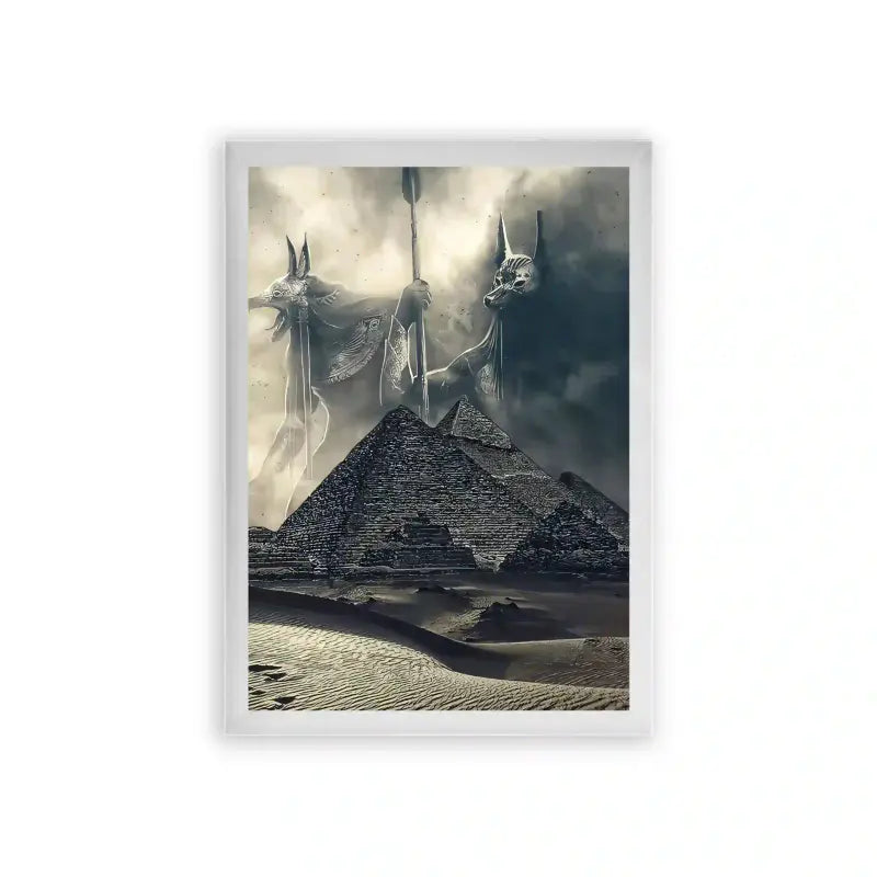 Ancient Egyptian 'Pyramid's Ghosts' Framed Poster White Premium Wood A mystical depiction of the Great Pyramid of Giza with three ghost-like figures floating above, set against a dramatic sky.