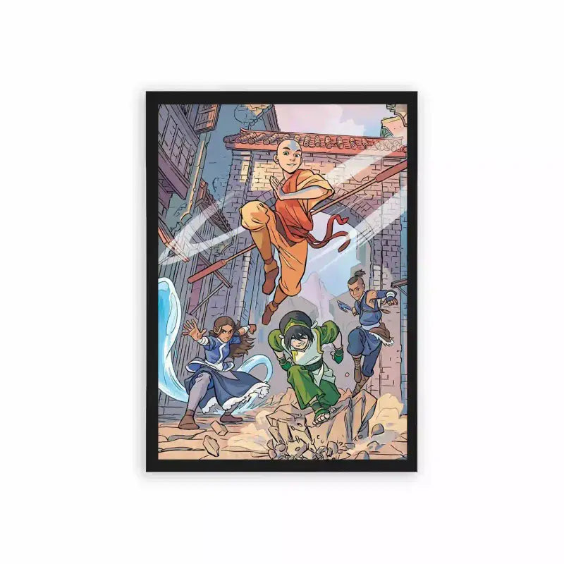 Avatar The Last Airbender 'Airbending City' Framed Poster Black Hard Fiber A dynamic framed poster of Avatar Aang from the series "Avatar: The Last Airbender" effortlessly airbending amidst a colorful city backdrop, accompanied by his friends Katara, wielding her water