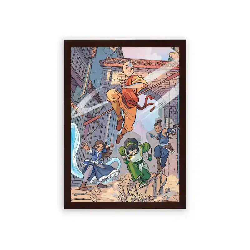 Avatar The Last Airbender 'Airbending City' Framed Poster Brown Premium Wood A dynamic framed poster of Avatar Aang from the series "Avatar: The Last Airbender" effortlessly airbending amidst a colorful city backdrop, accompanied by his friends Katara, wielding her water