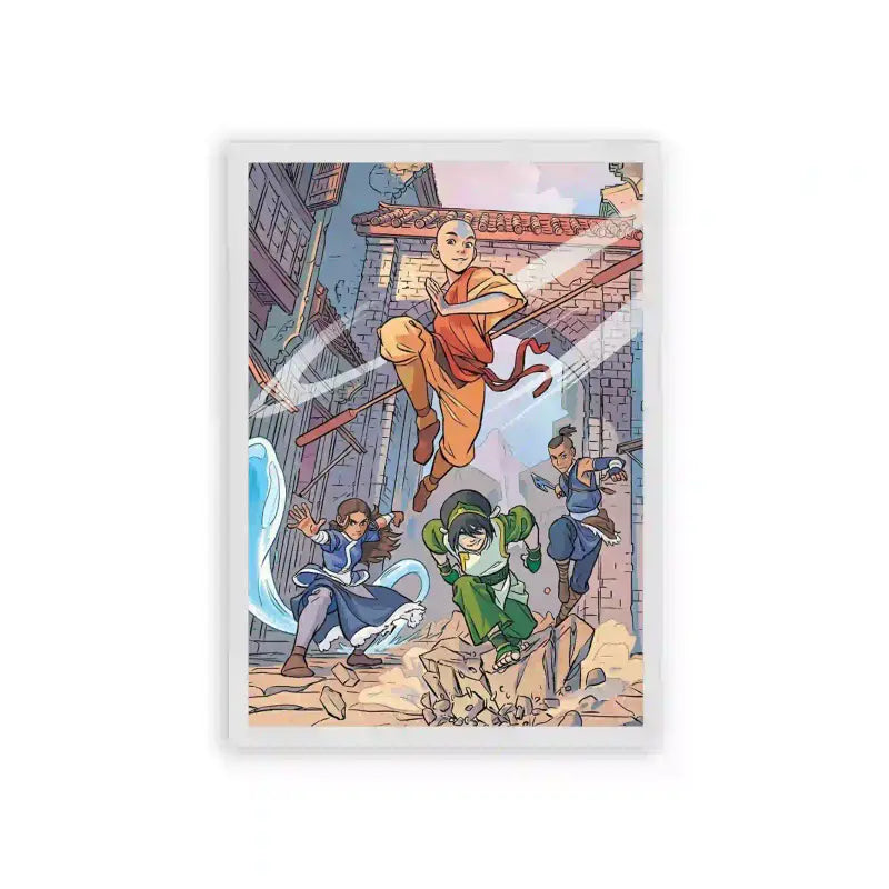 Avatar The Last Airbender 'Airbending City' Framed Poster White Hard Fiber A dynamic framed poster of Avatar Aang from the series "Avatar: The Last Airbender" effortlessly airbending amidst a colorful city backdrop, accompanied by his friends Katara, wielding her water