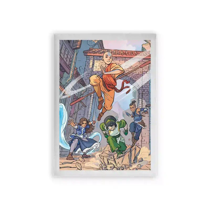 Avatar The Last Airbender 'Airbending City' Framed Poster White Premium Wood A dynamic framed poster of Avatar Aang from the series "Avatar: The Last Airbender" effortlessly airbending amidst a colorful city backdrop, accompanied by his friends Katara, wielding her water