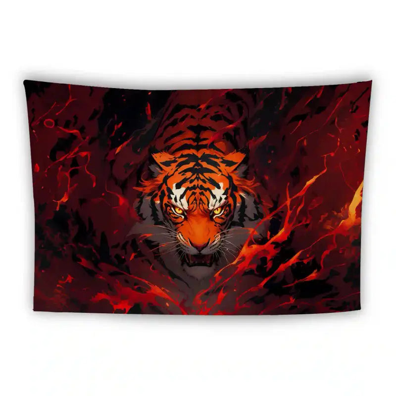 Illustration of a fierce tiger with intense eyes, emerging from a fiery background. The vibrant shades of orange, red, and black conveys a sense of strength and power, as the tiger appears to be surrounded by blazing flames.