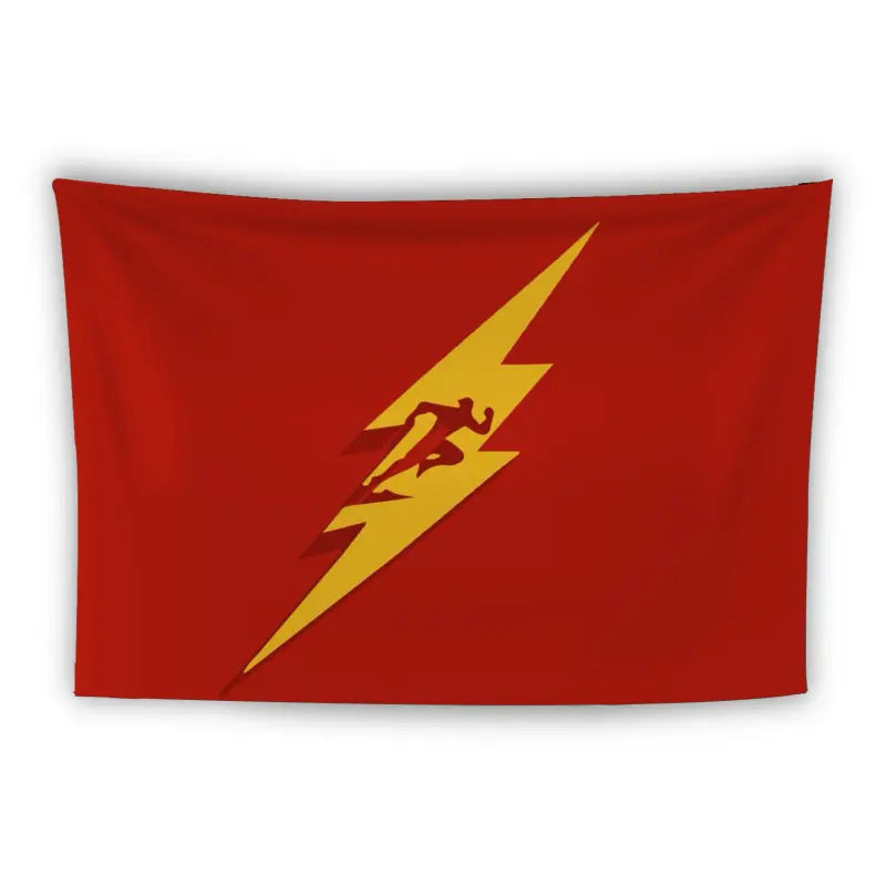 A flag with a solid red background featuring a yellow lightning bolt symbol diagonally across it. Inside the upper portion of the lightning bolt, there is a silhouette of a running person.