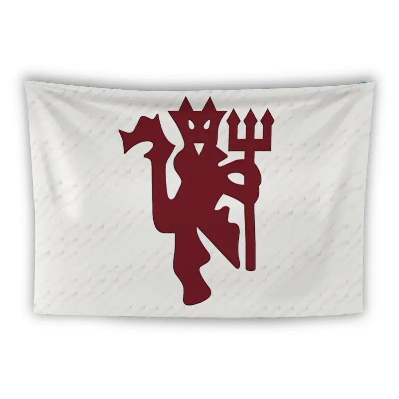 A white flag featuring a maroon, stylized demon figure holding a trident and with three points on its head forming a crown-like shape. The design is simple and centralized on the flag.