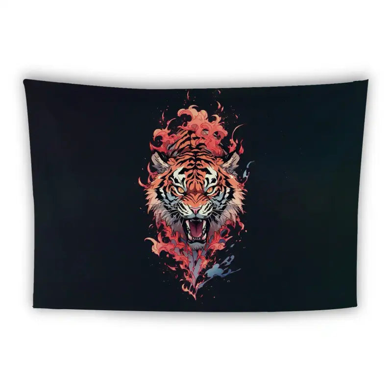 A dark background features an illustration of a tiger's head with an open mouth, surrounded by intricate, fiery red and pink smoke-like designs, creating a dynamic and fierce visual effect.