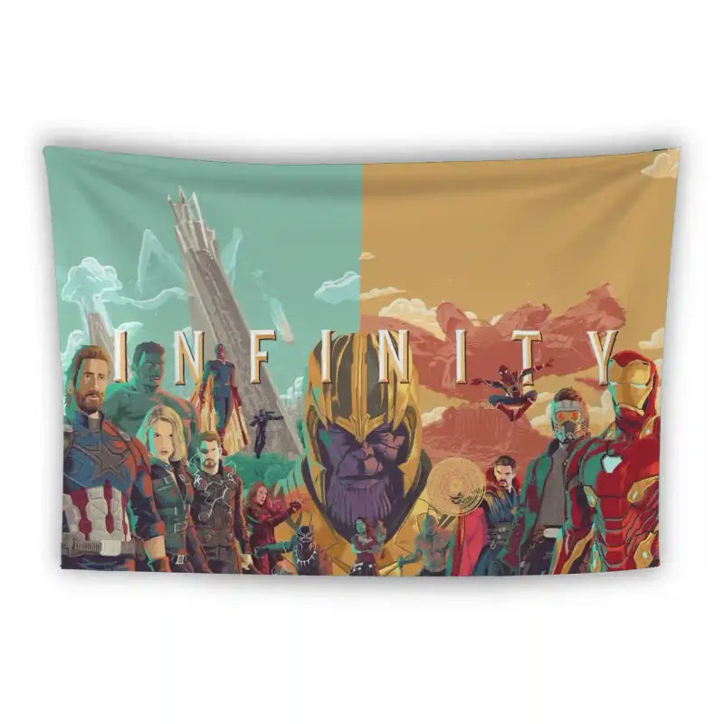 A tapestry features a mix of Marvel superheroes and the villain Thanos. The left side shows characters like Captain America and Black Widow against a blue background, while the right side depicts Thanos, Iron Man, and others against an orange backdrop. The word "INFINITY" spans across the middle.