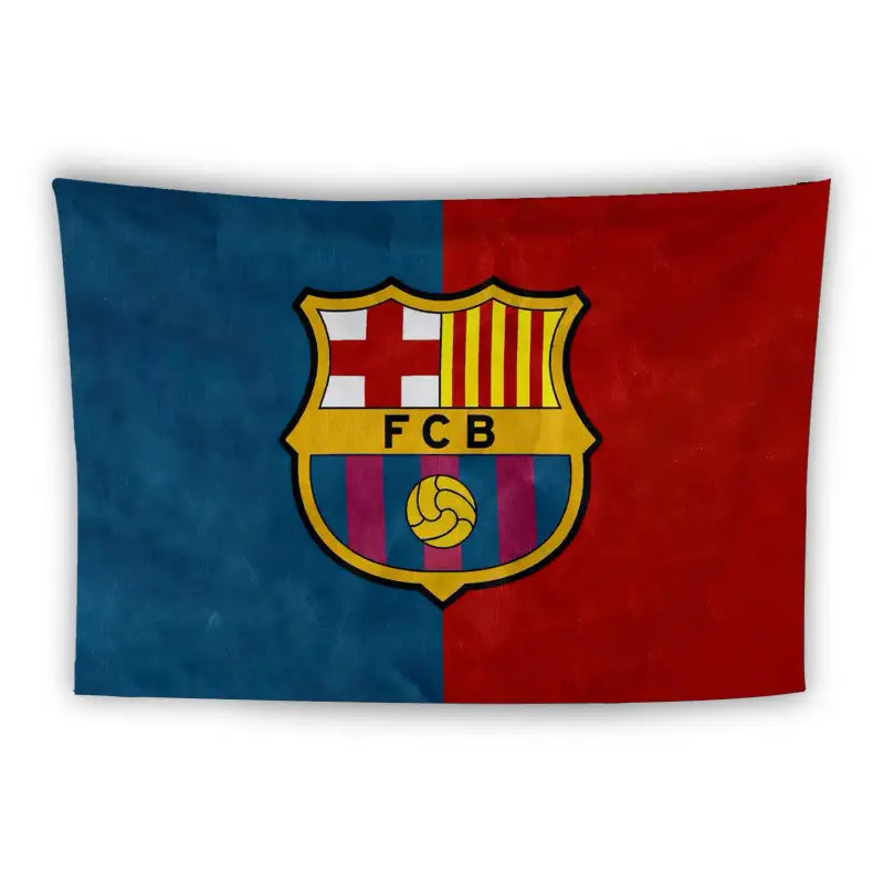 A flag featuring the FC Barcelona crest. The background is split vertically, with the left half in blue and the right half in red, reflecting the club's traditional colors. The crest itself includes a red cross, yellow and red stripes, and a soccer ball.