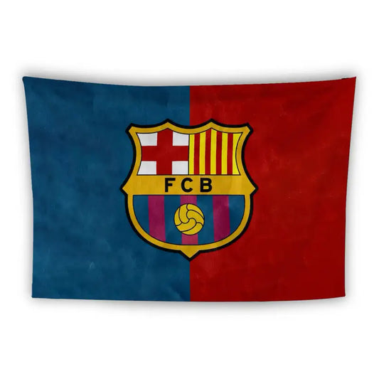 A flag featuring the FC Barcelona crest. The background is split vertically, with the left half in blue and the right half in red, reflecting the club's traditional colors. The crest itself includes a red cross, yellow and red stripes, and a soccer ball.