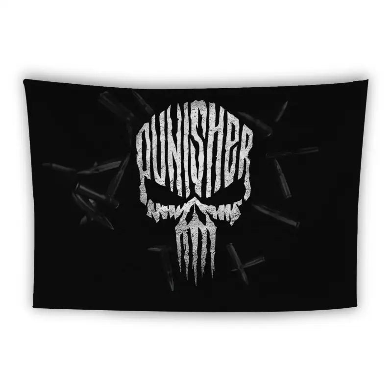 A black flag with a stylized skull in the center made of white distressed text that reads "Punisher." The skull's teeth are depicted as elongated vertical lines, and a pattern of bullets surrounds it, blending into the dark background.