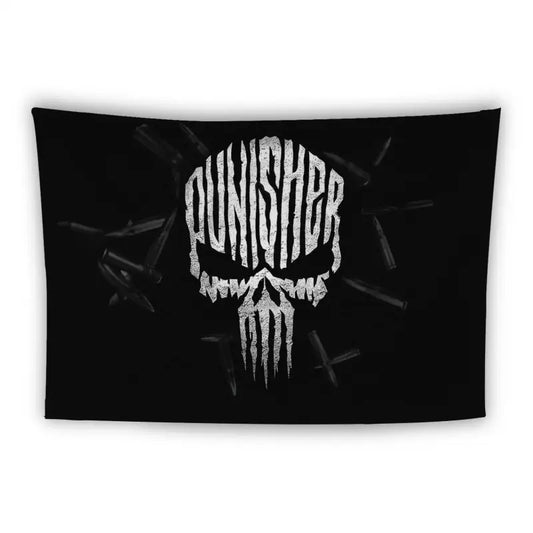 A black flag with a stylized skull in the center made of white distressed text that reads "Punisher." The skull's teeth are depicted as elongated vertical lines, and a pattern of bullets surrounds it, blending into the dark background.