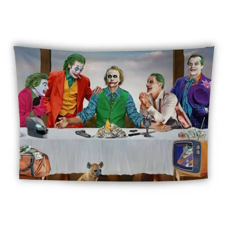 A vibrant illustration depicts various interpretations of the Joker from different eras, gathered around a table in a manner reminiscent of "The Last Supper." The table is cluttered with money, cards, and a crowbar, with a hyena and a vintage TV nearby.