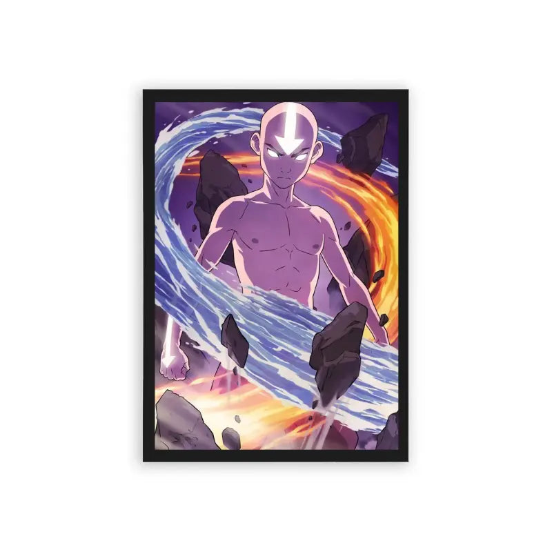 Avatar The Last Airbender 'Master of the Elements' Framed Poster Black Hard Fiber A powerful animated character from a series standing amidst swirling elements of water and fire, showcasing a dramatic display of strength and elemental control in a framed poster.